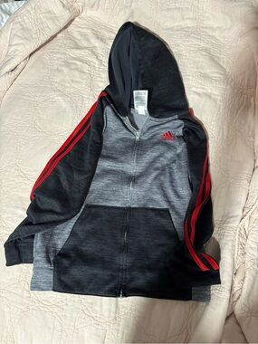 adidas Gray & Black Hooded Zip Jacket with Red Logo